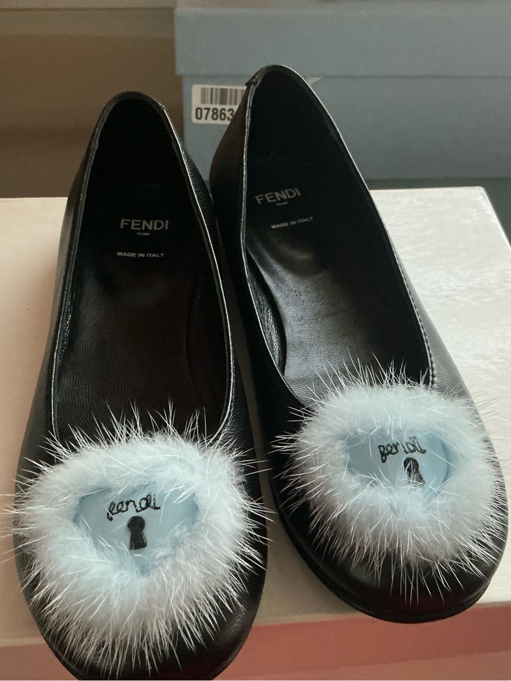 Fendi Black Leather Flats with Pale Blue Fur Pom Details FOR KIDS SIZE 31